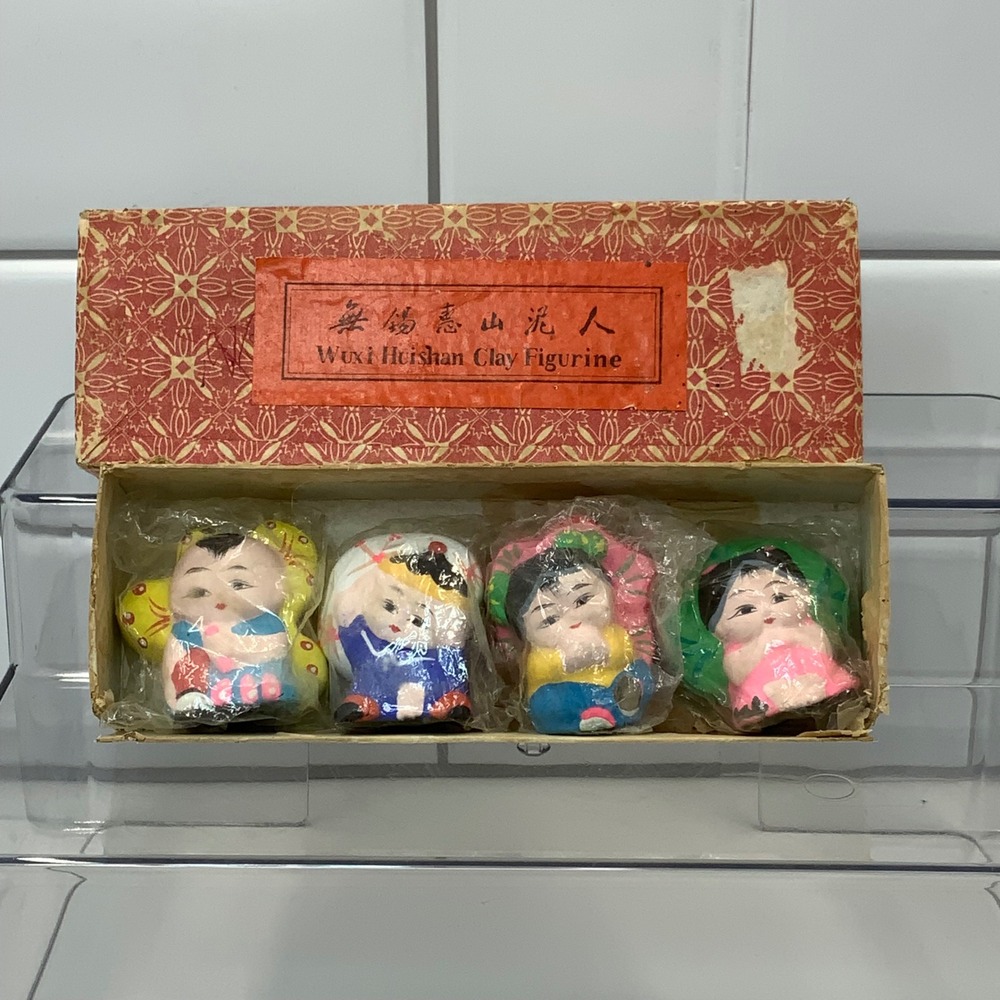 Vintage Wuxi Huishan Clay Four Seasons Figurine Set Hand Painted 7 Inch Box